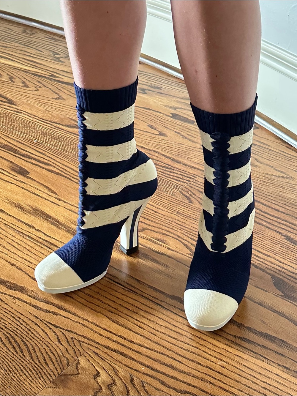 FENDI Navy and White Striped Knit Sock Booties🌸